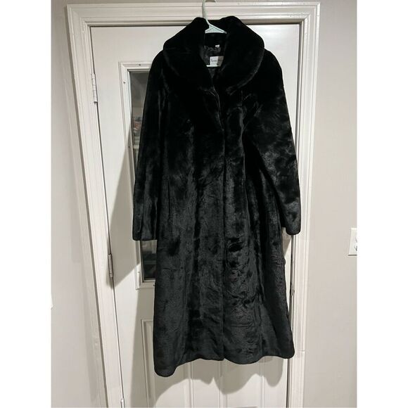 $355 PAMELA MCCOY BLACK FAUX FUR LONG SLEEVE FULL-LENGTH COAT SIZE L - NWT - Picture 1 of 9